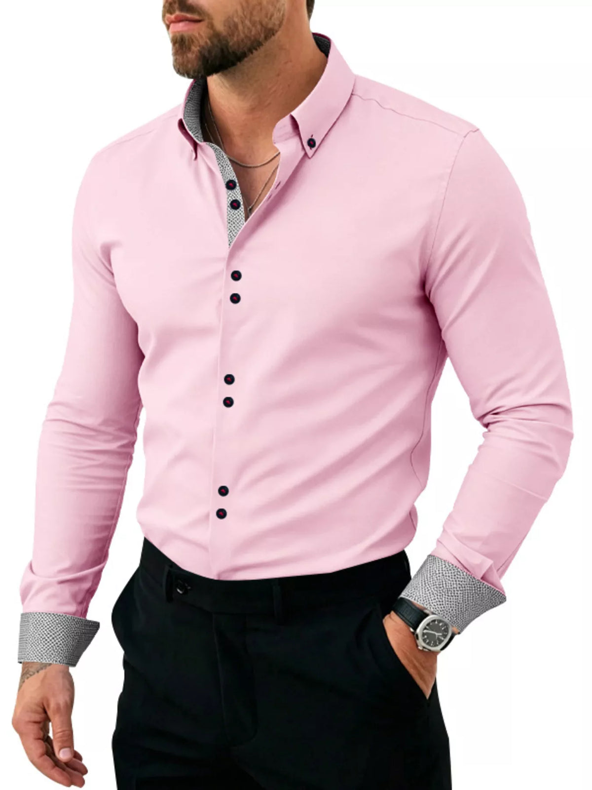 Contrast-trim slim shirt – pink