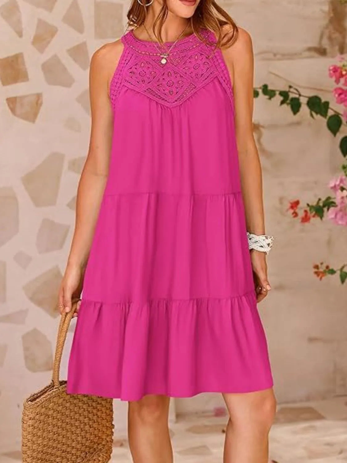 Ruffled hem lace sleeveless dress, Hot Pink