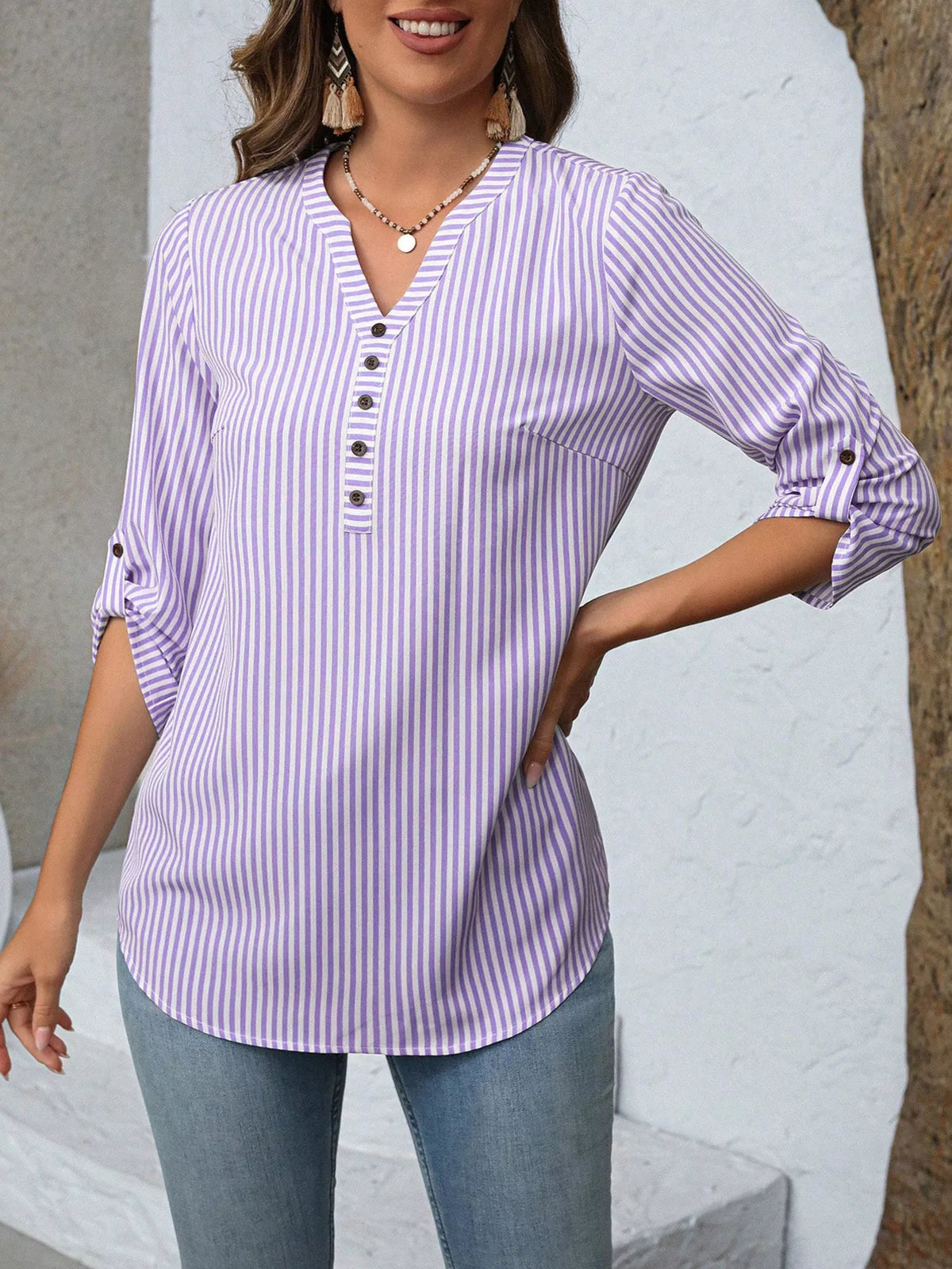 Striped roll-sleeve blouse