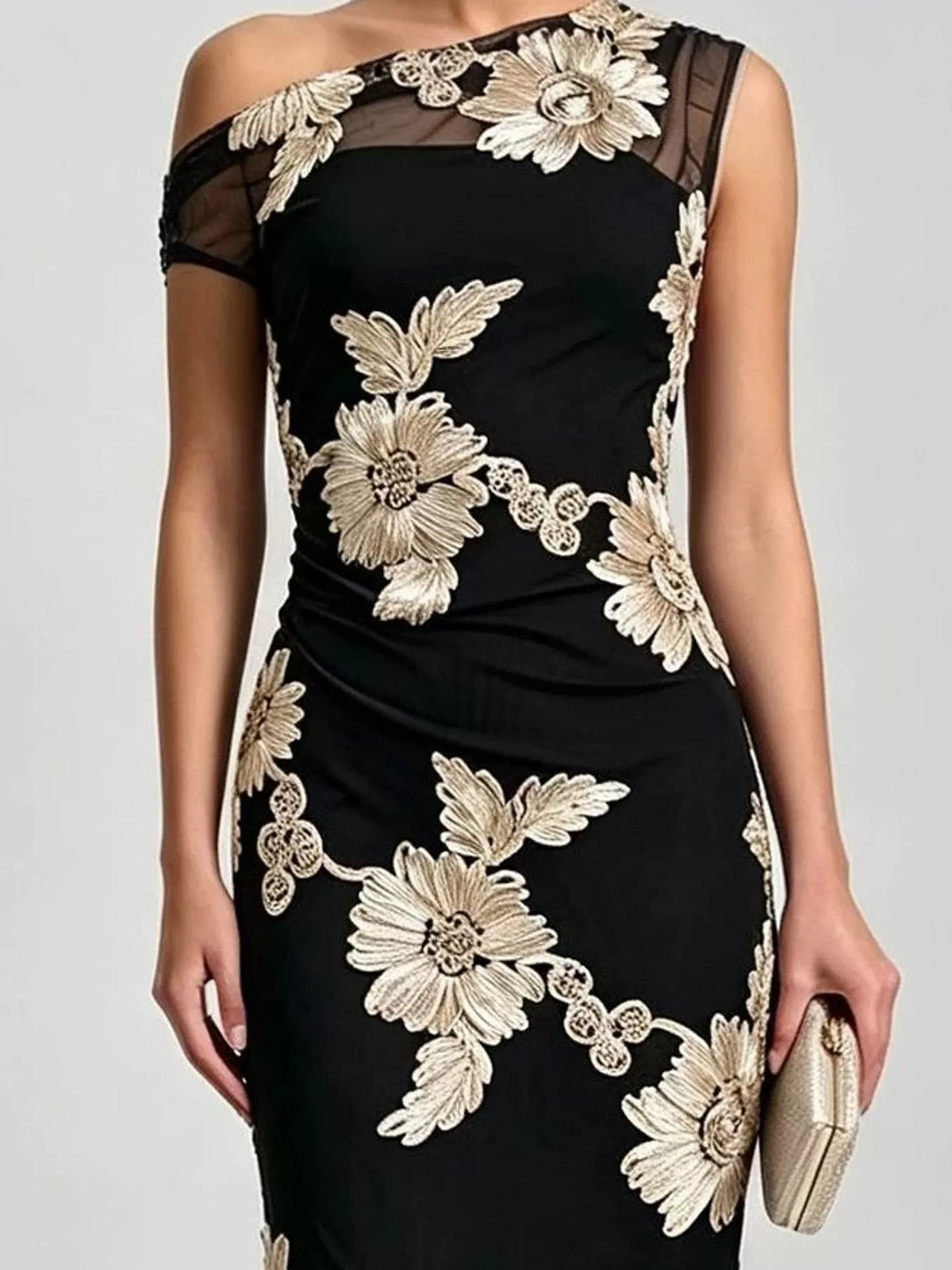 One-shoulder floral embroidered maxi dress