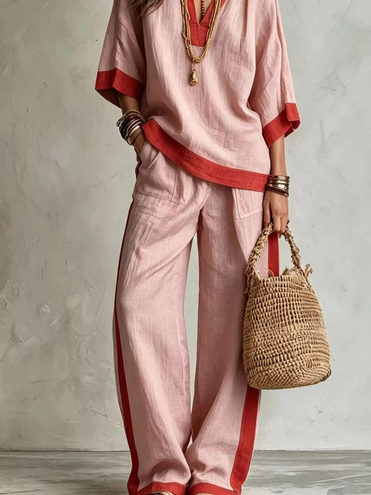 Contrast trim top and wide leg pants set