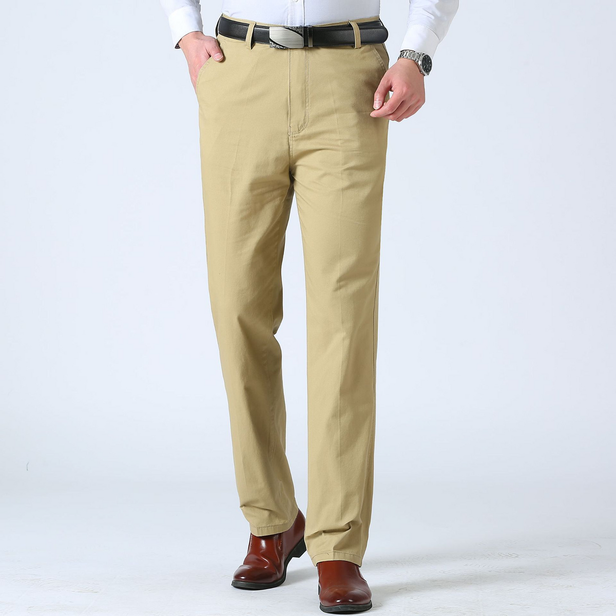 Flat front straight trousers, Khaki, front