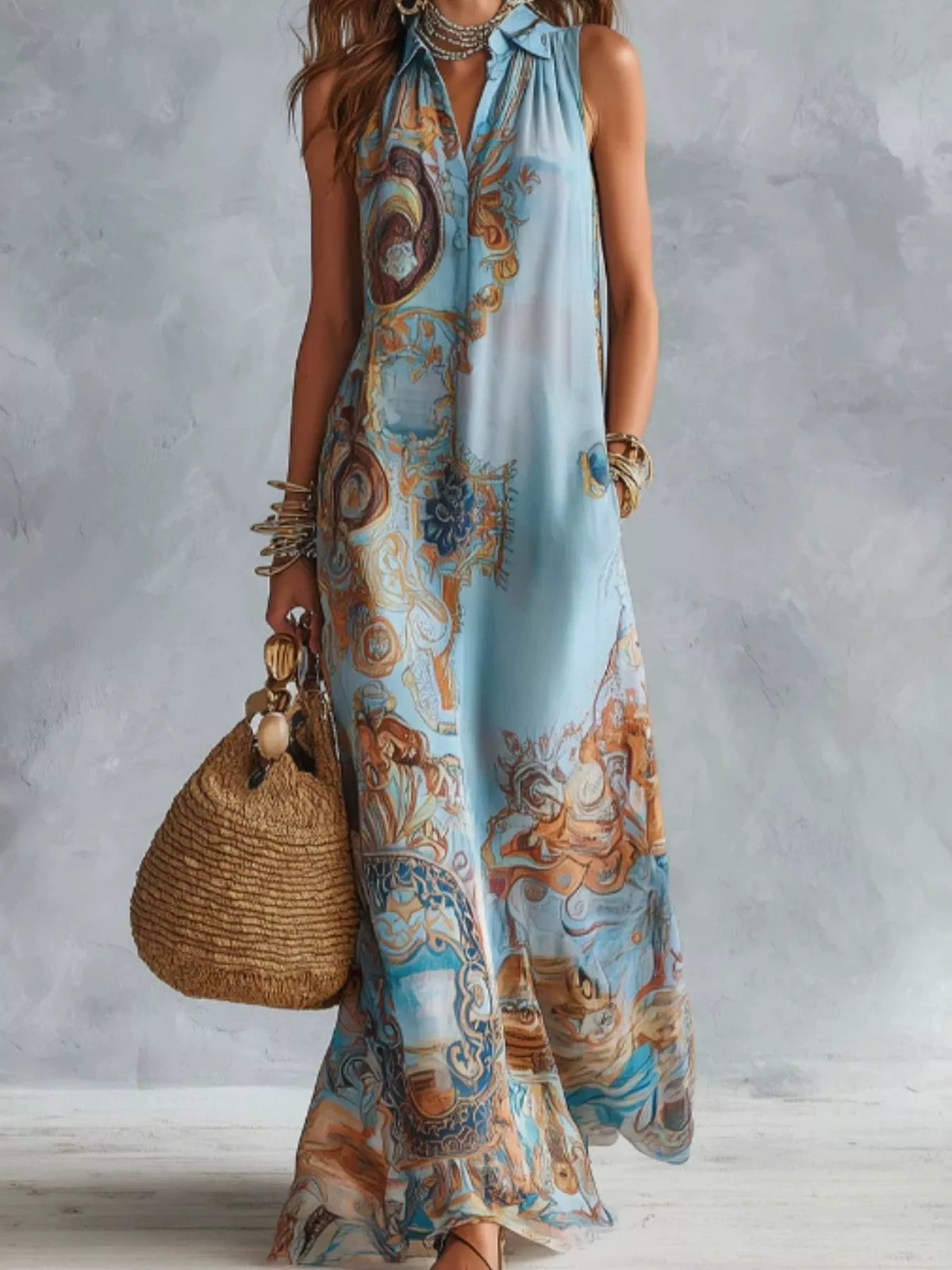 Bohemian sleeveless printed maxi shirt dress