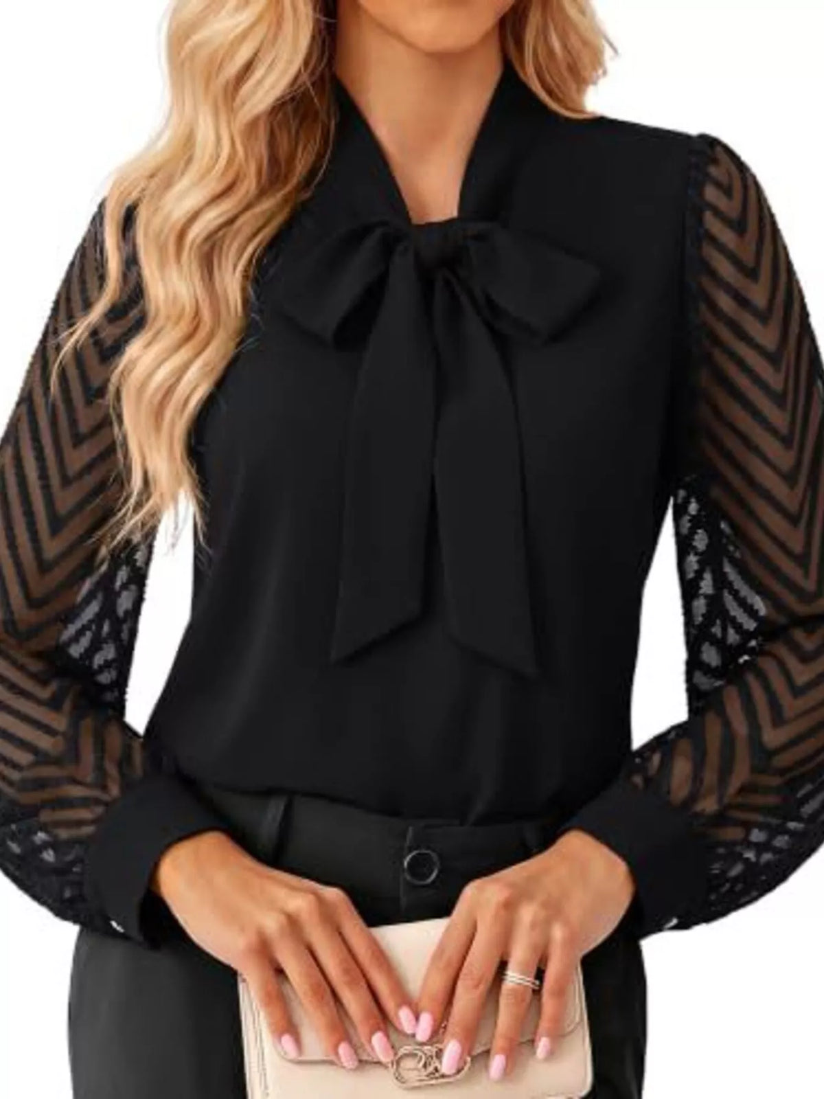 Bow-tie chevron-sleeve blouse