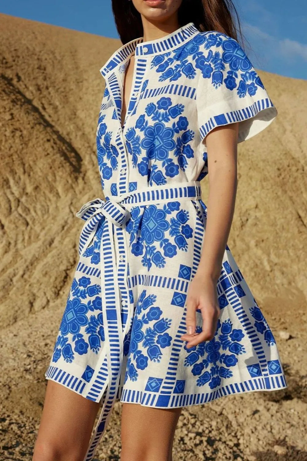 Printed tie-waist dress – blue
