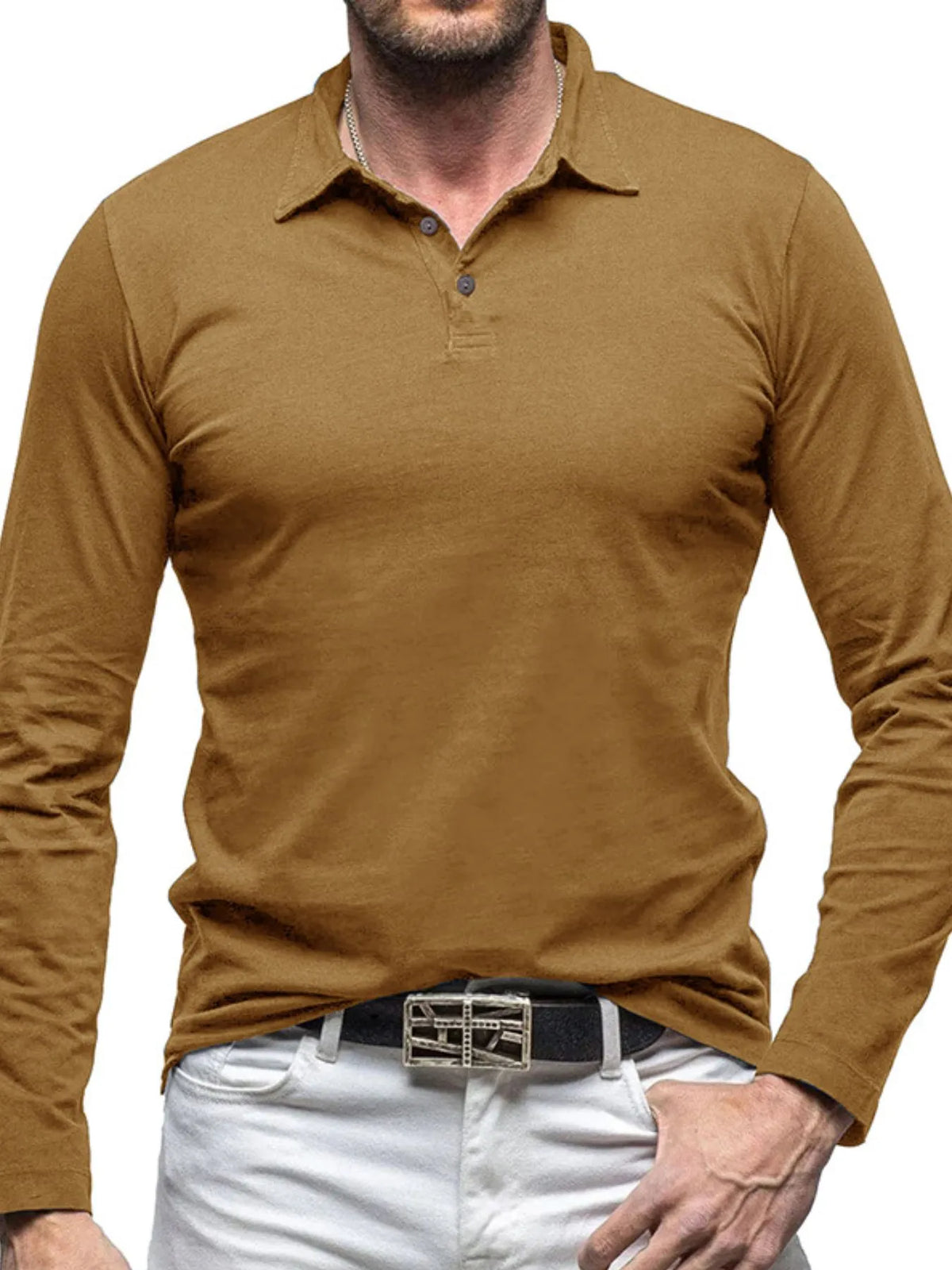 Collared neck long sleeve polo, Mustard