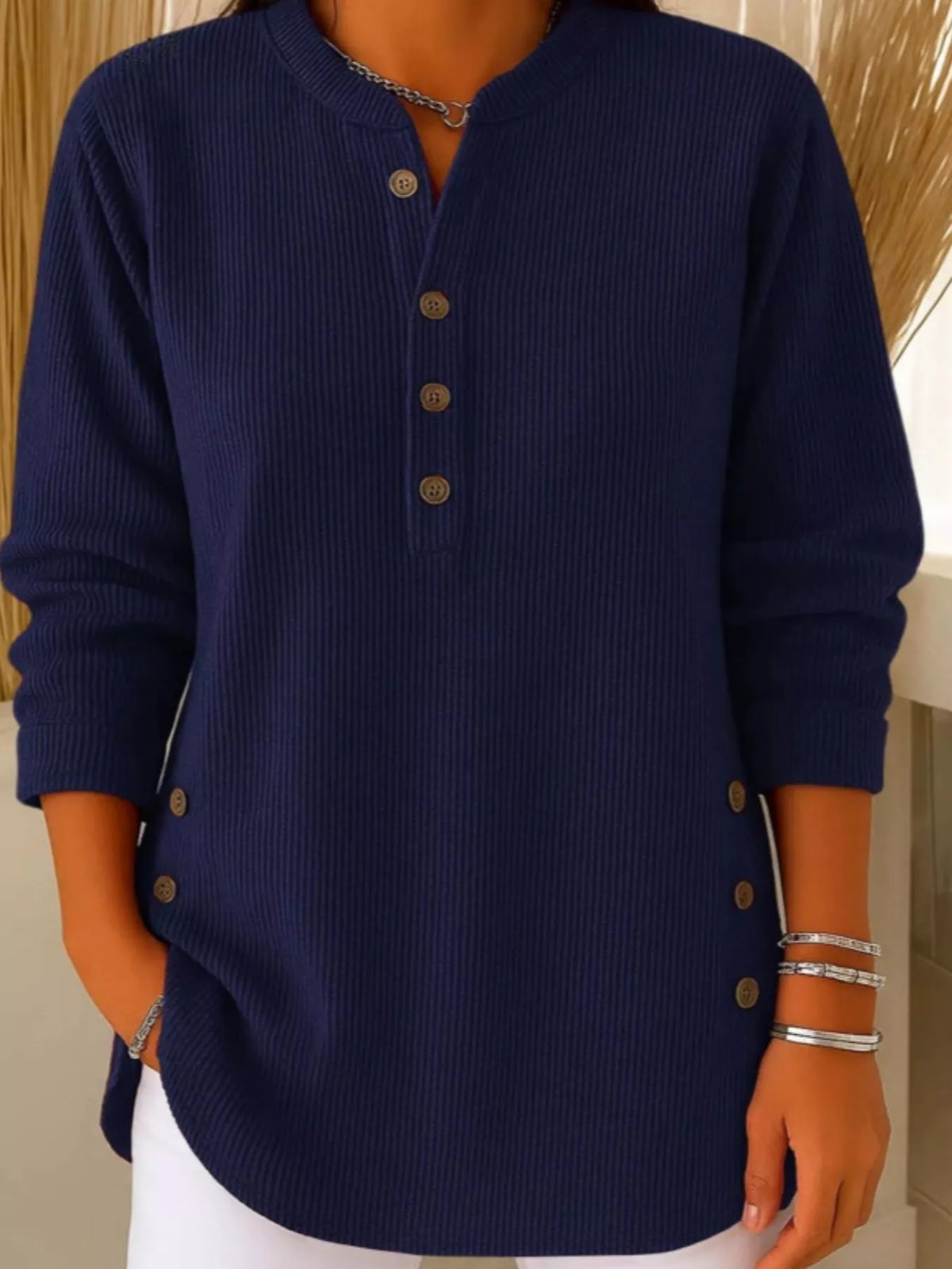 Corduroy button top – navy blue