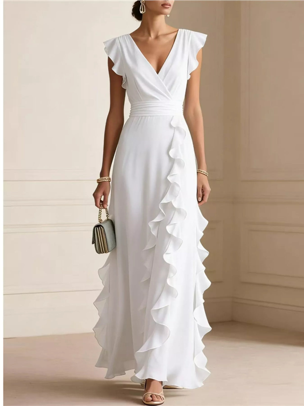 Ruffled surplice sleeveless maxi dress, White