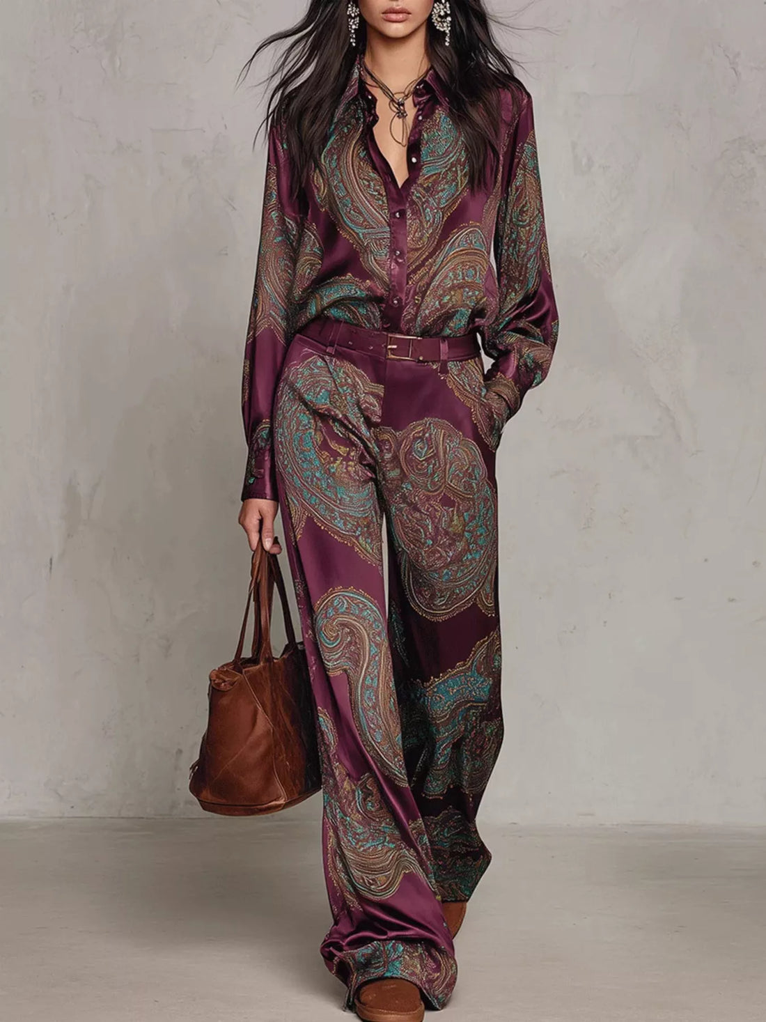 Paisley shirt and pants set – burgundy