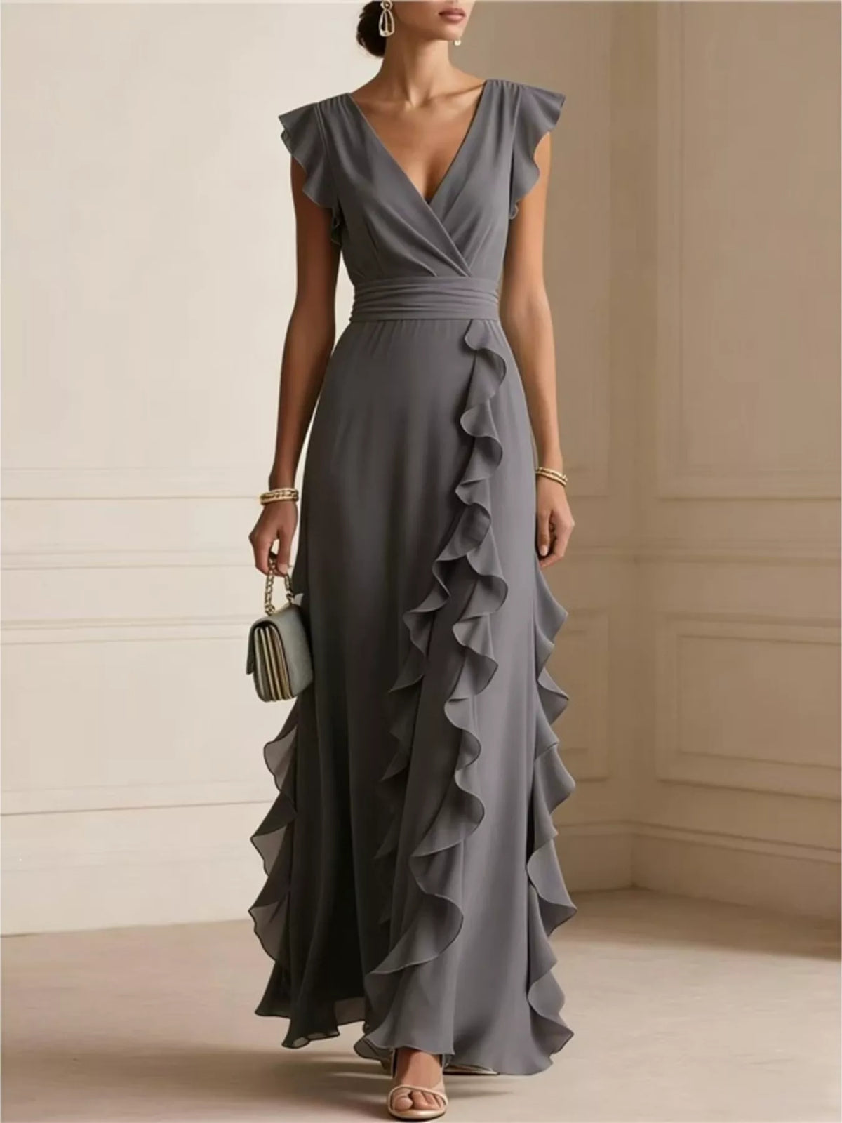 Ruffled surplice maxi dress – dark gray