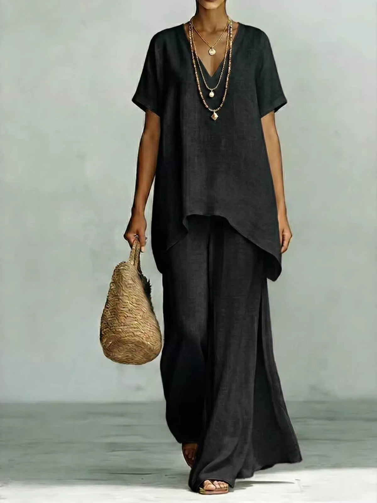 V-neck wide-leg pants set – black