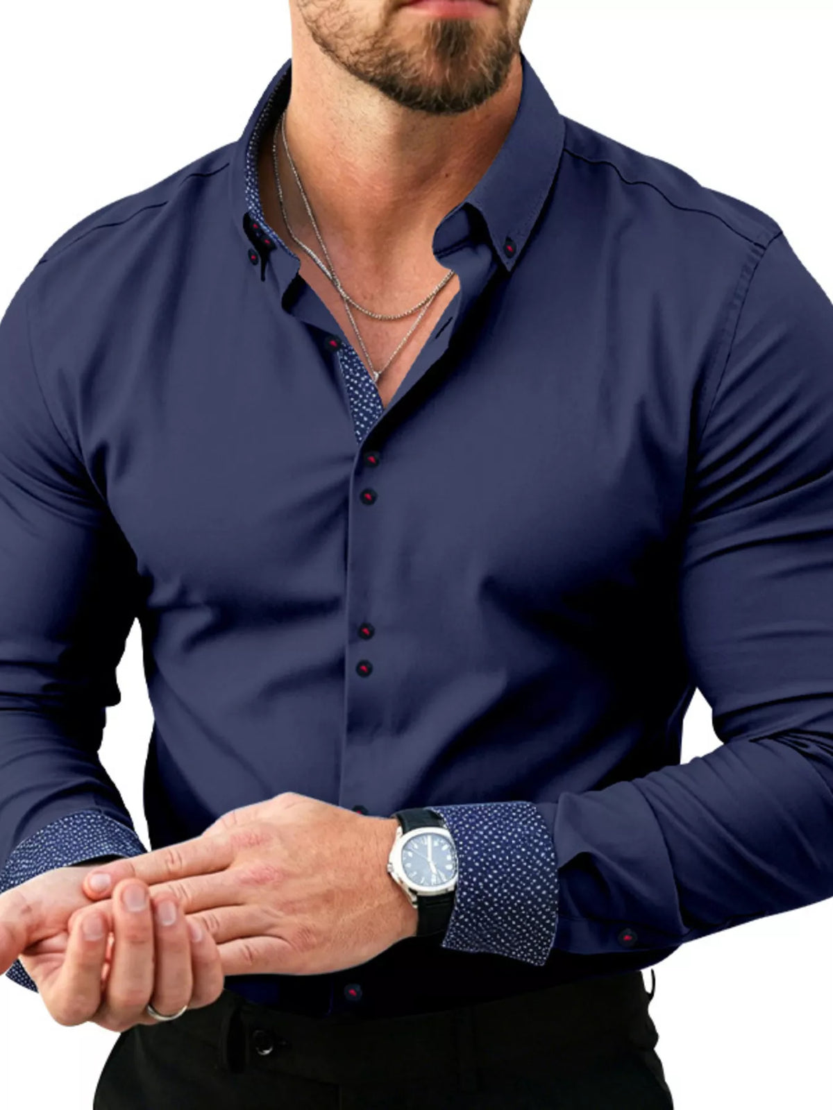 Contrast-trim slim shirt – navy blue