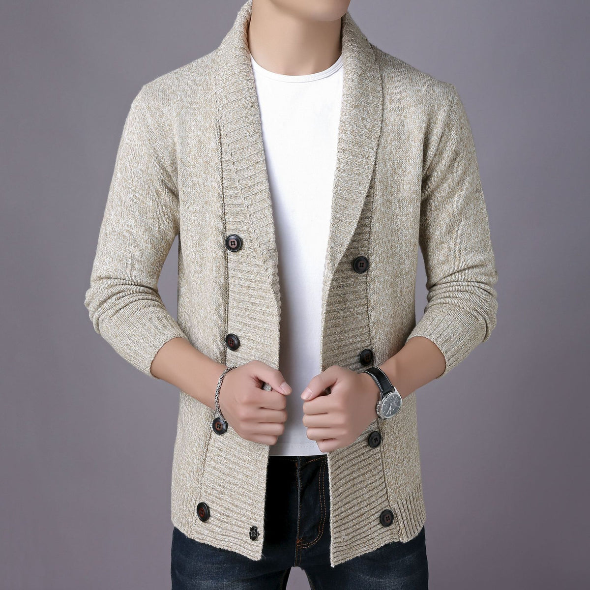 Double breasted shawl cardigan, Apricot, front