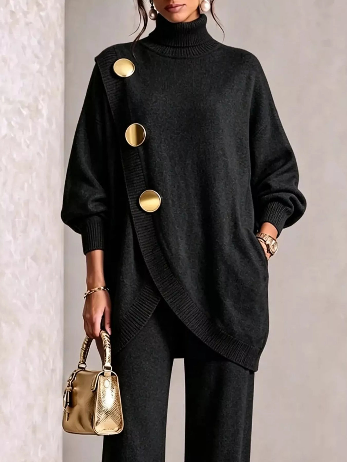 Gold button accent turtleneck sweater and pants set