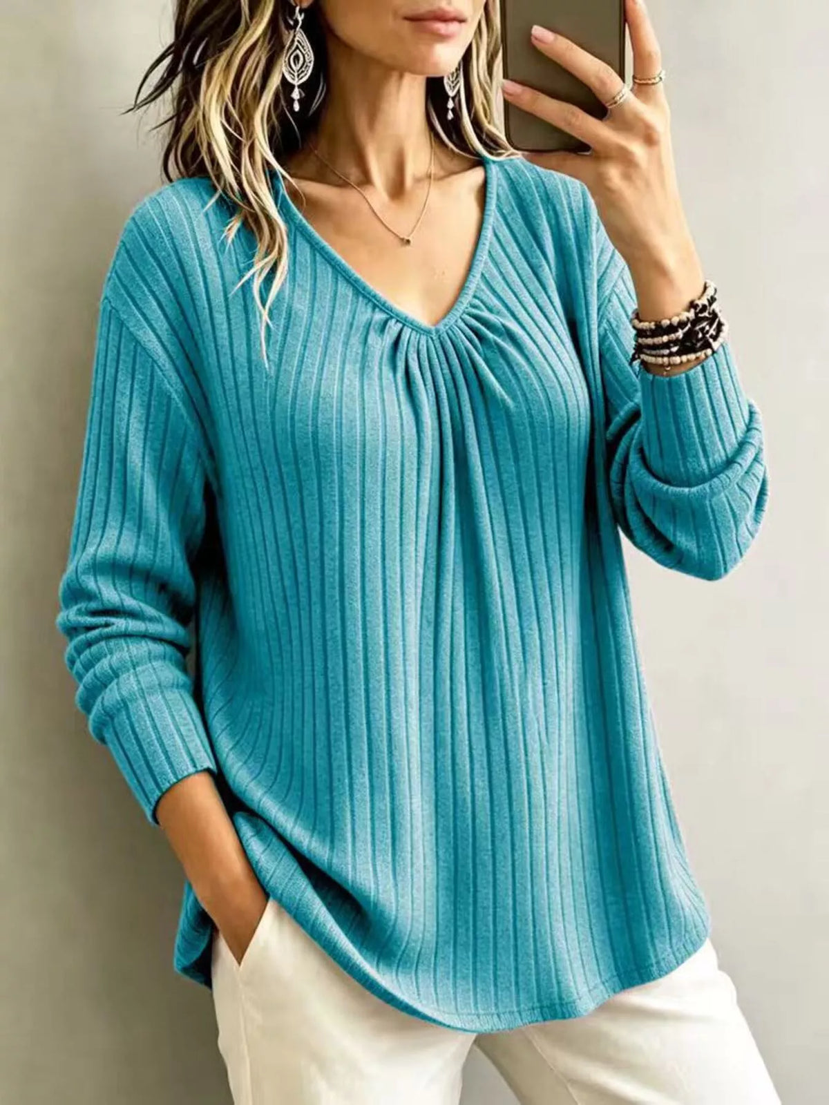 Ribbed V-neck long-sleeve tee – turquoise