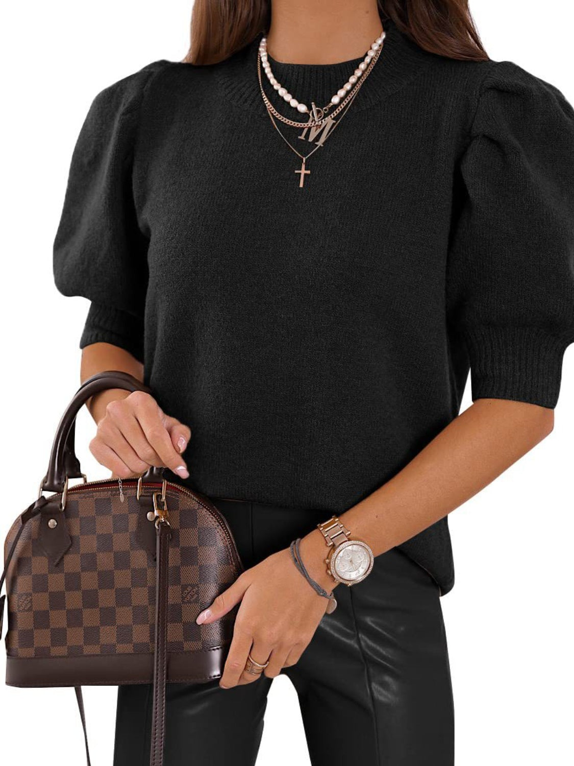 Puff-sleeve mock-neck sweater