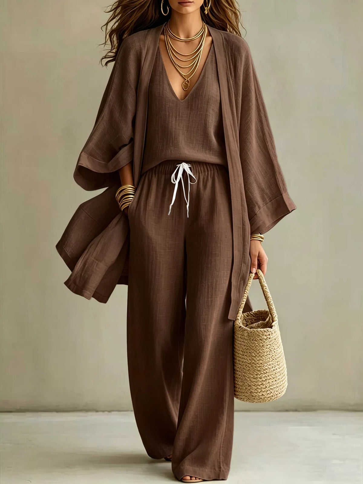 V-neck top &amp; cardigan &amp; pants three-piece set, Brown