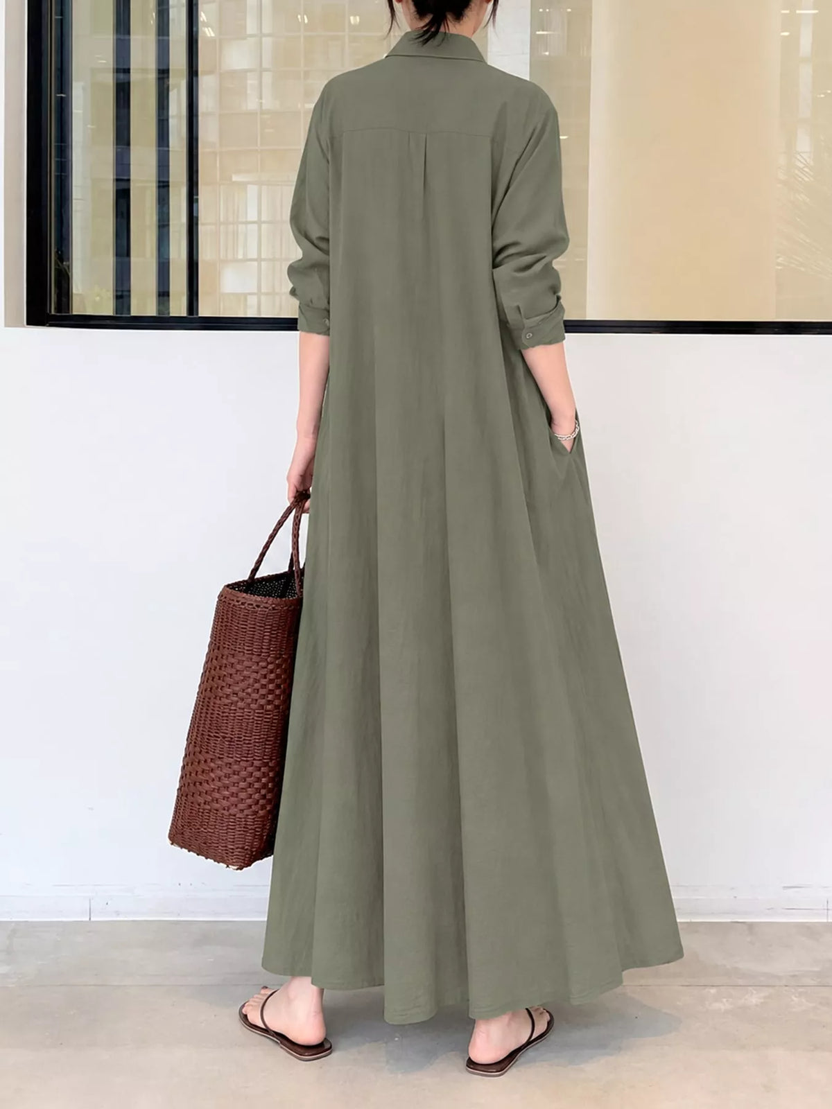 Button front long sleeve maxi shirt dress