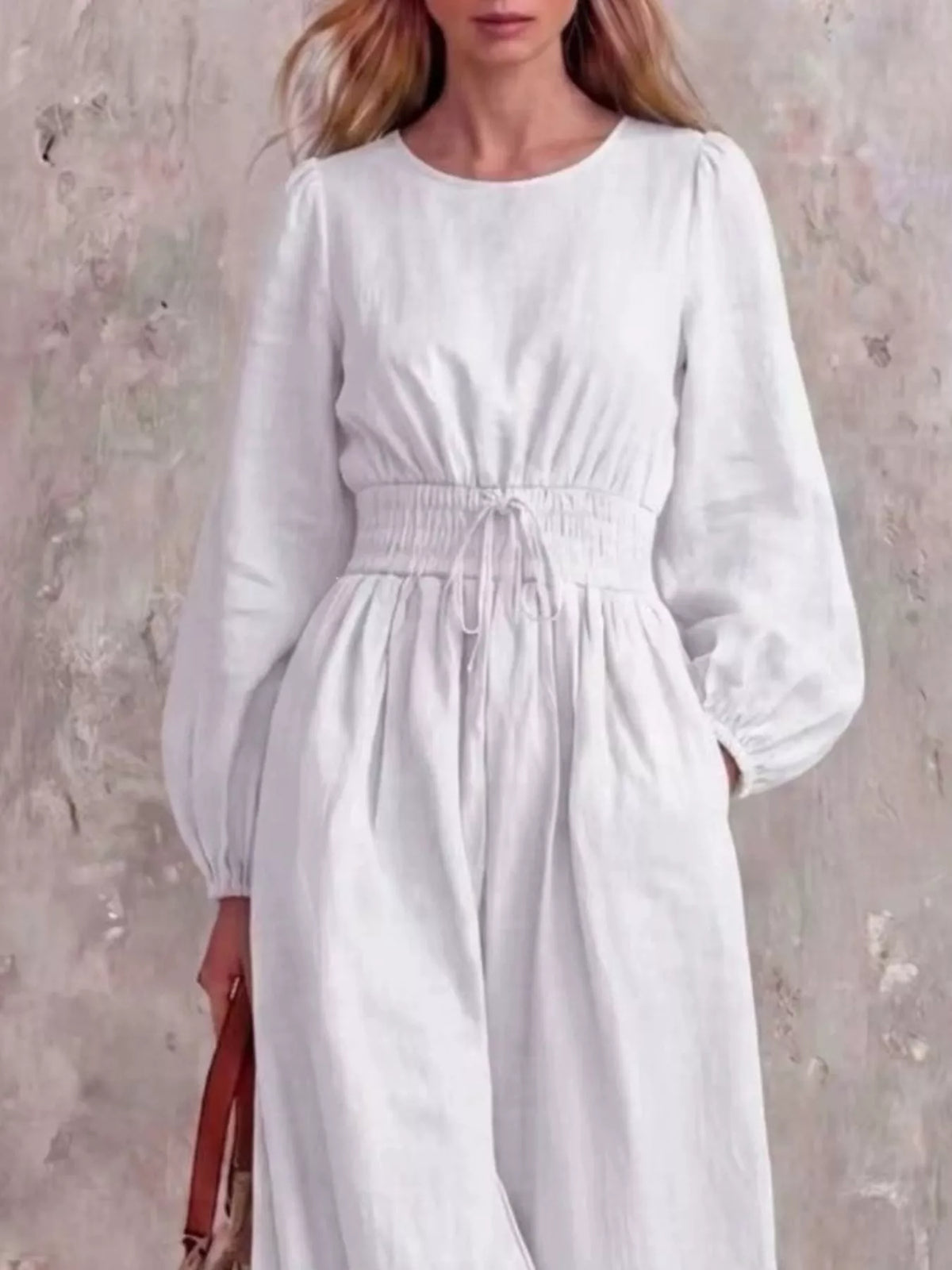 Smocked-waist long-sleeve jumpsuit