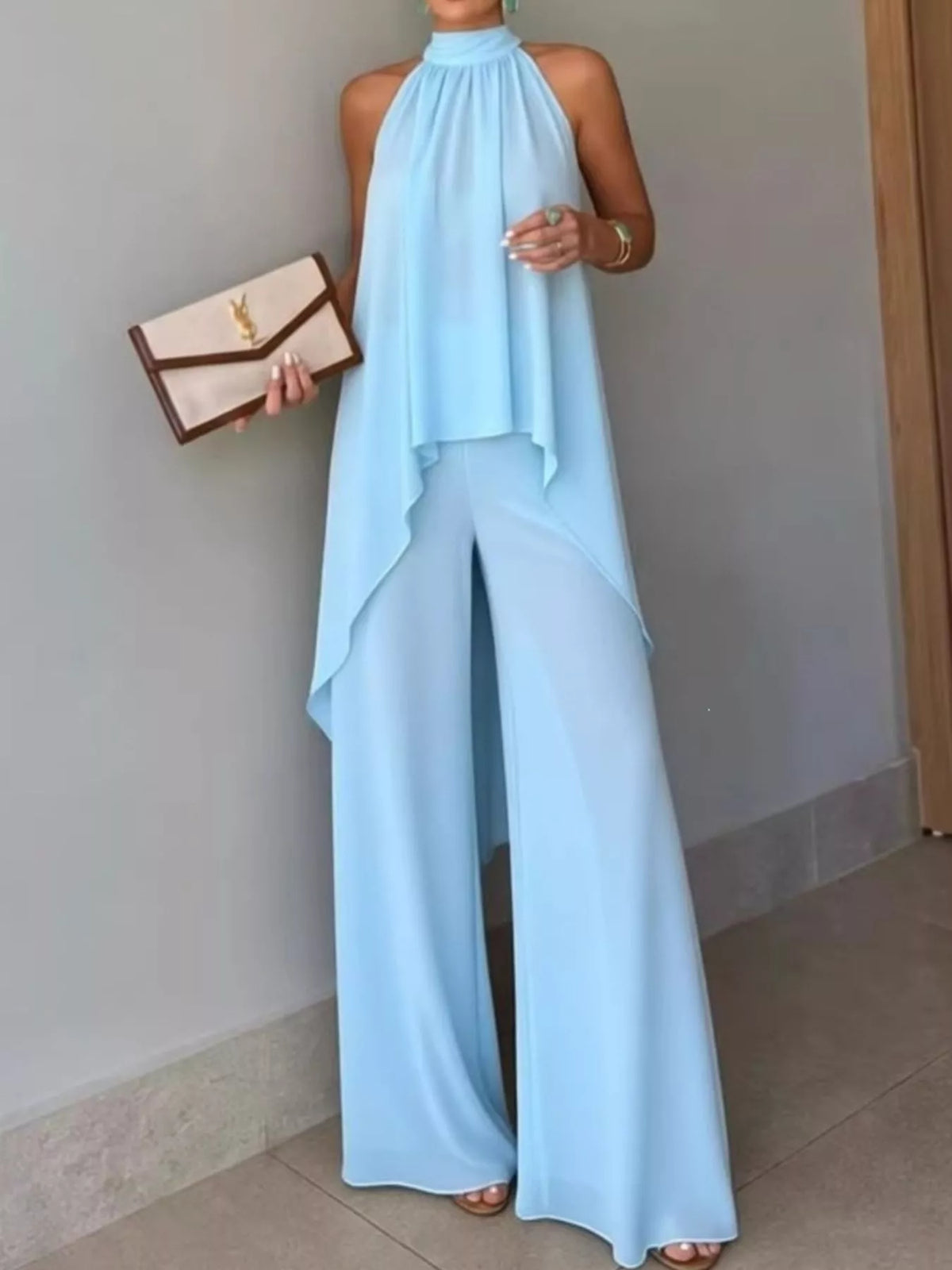 High-low sleeveless top and wide-leg pants two-piece set, Light Blue