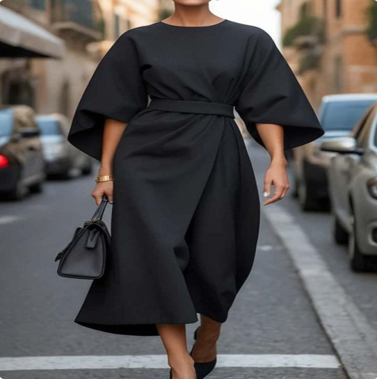 Balloon-sleeve midi dress – black
