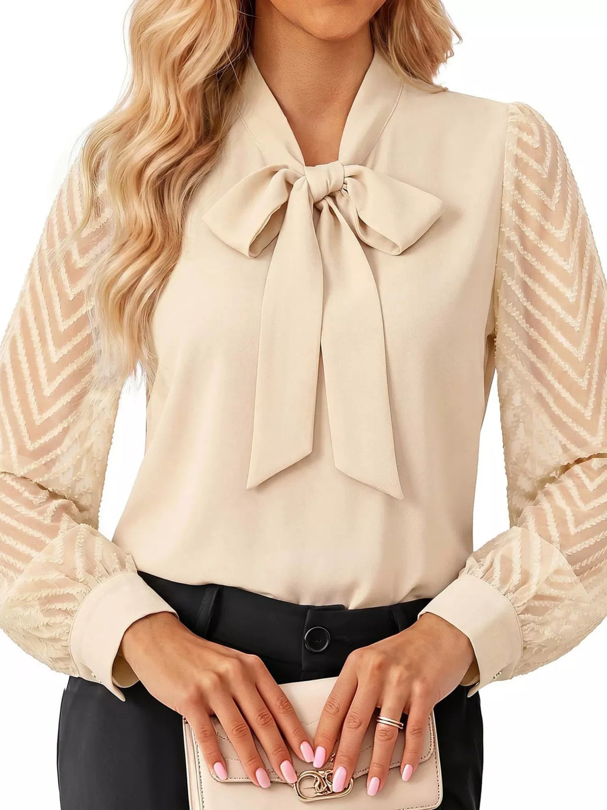 Bow-tie chevron-sleeve blouse – apricot color