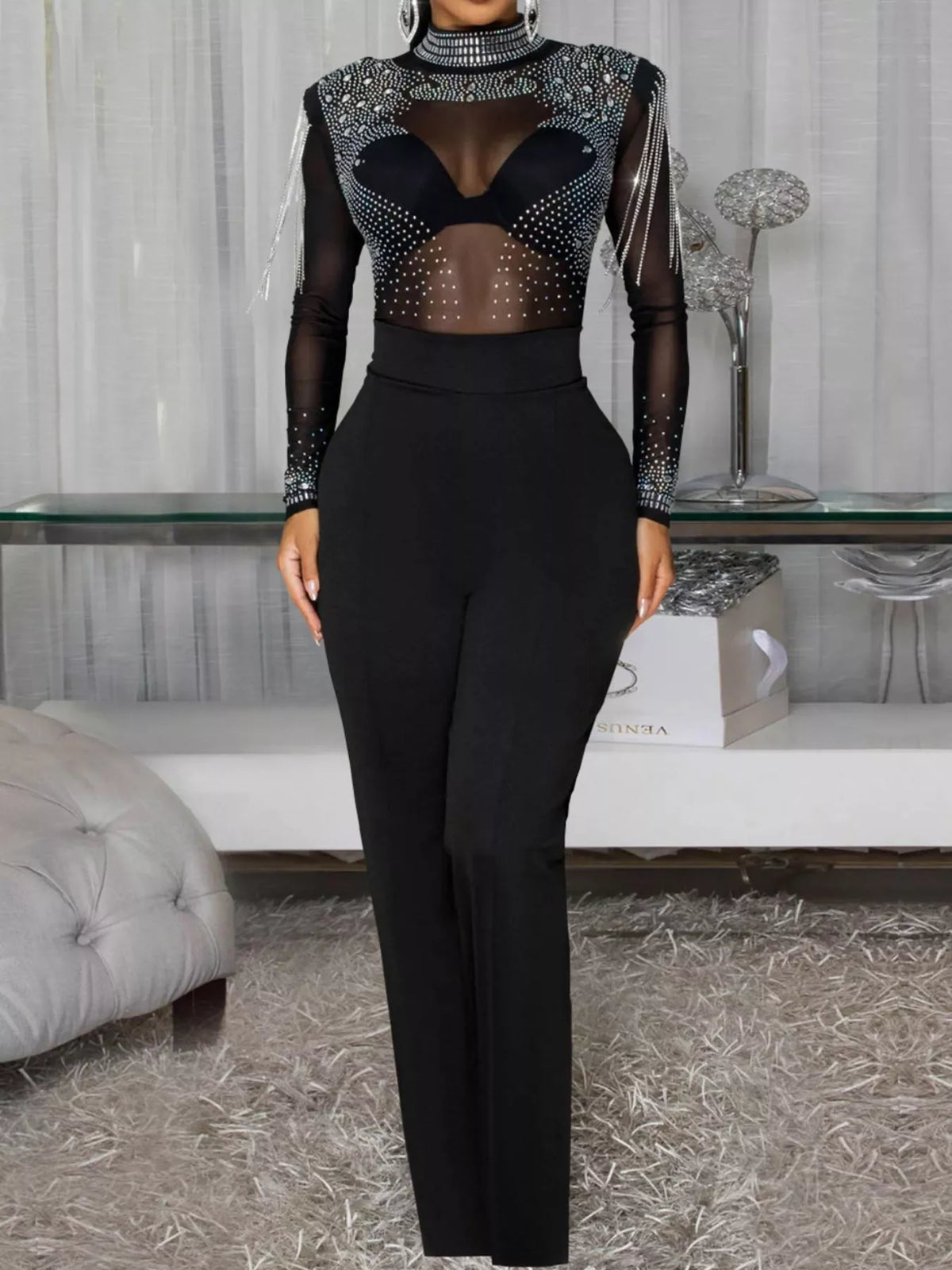 Rhinestone mesh jumpsuit