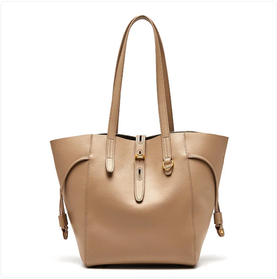 Side strap leather tote, Taupe, front