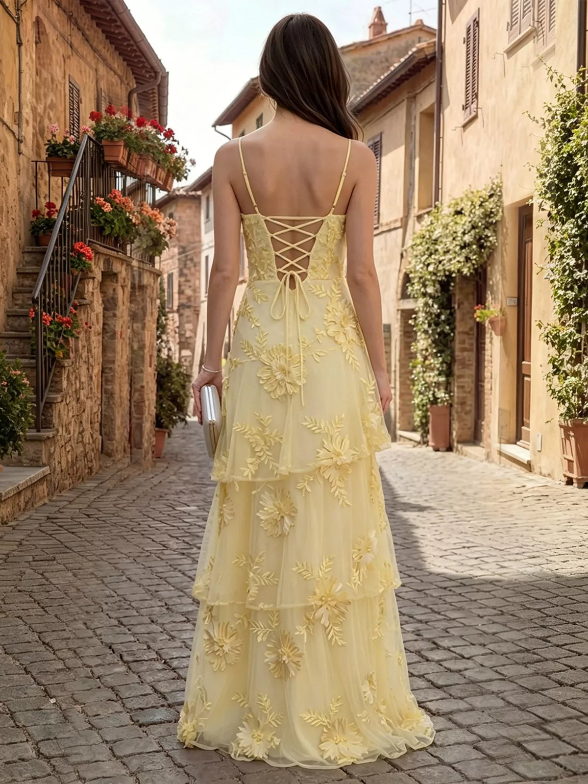 Floral appliqué tiered maxi dress