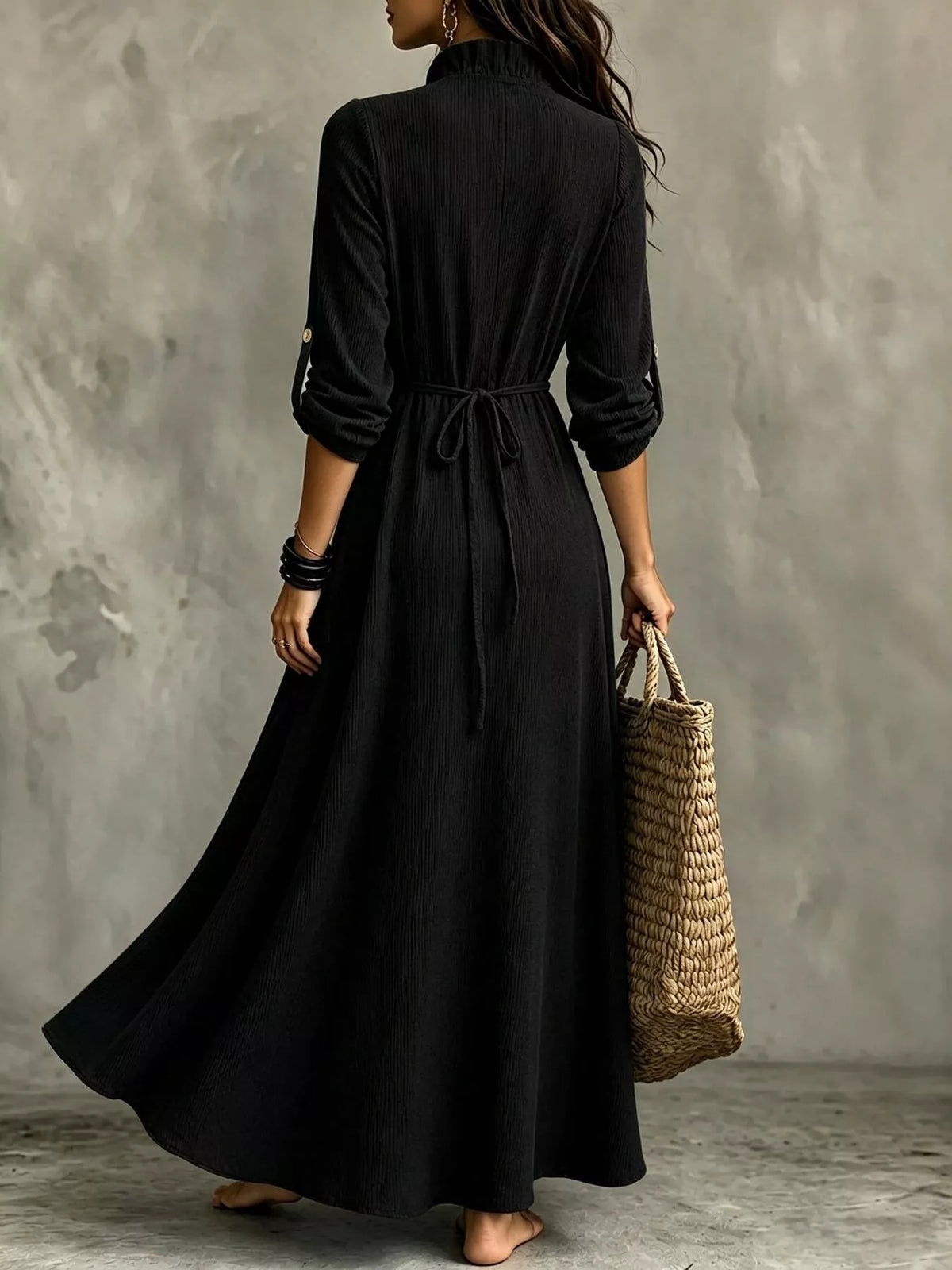 Roll-sleeve V-neck maxi dress
