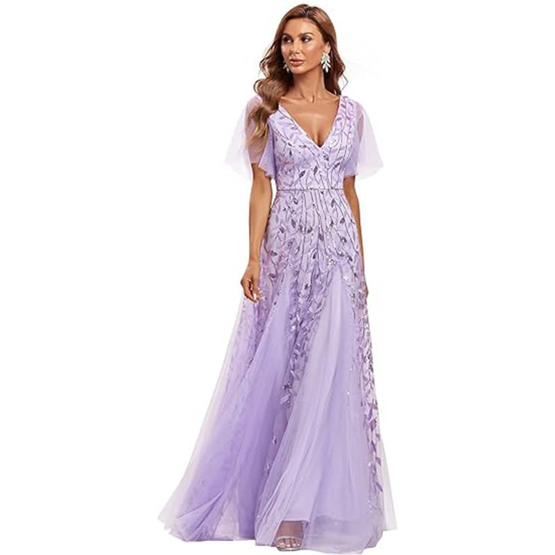 Flutter-sleeve sequin gown