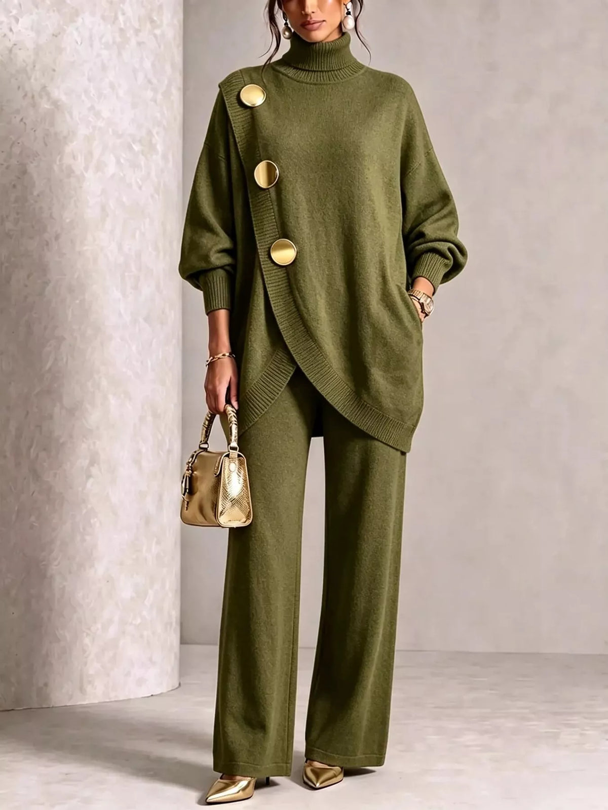 Gold button accent turtleneck sweater and pants set, Army Green