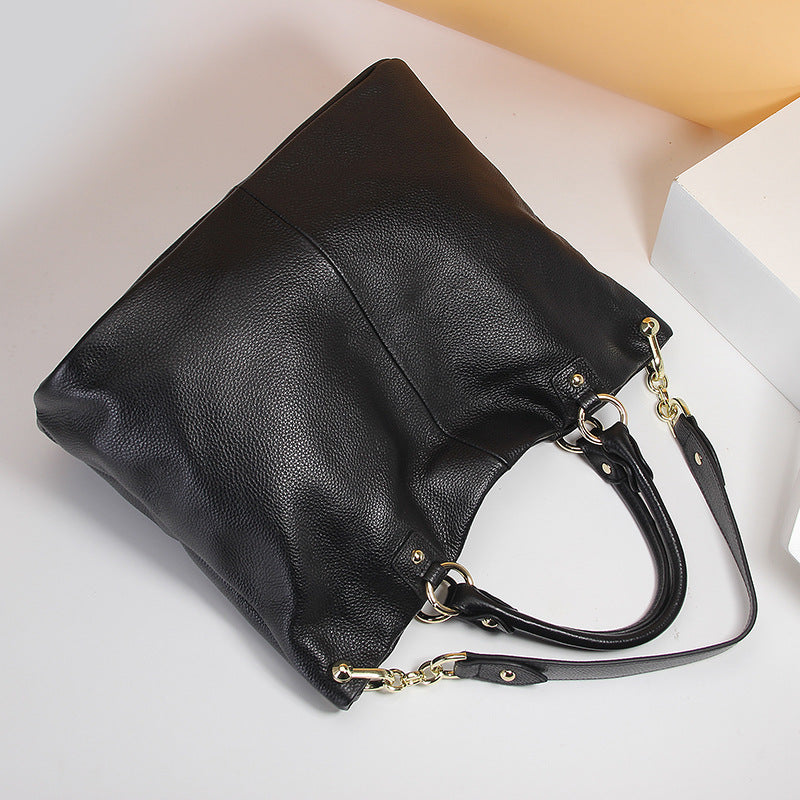 Slouchy leather top handle tote, Black, side view