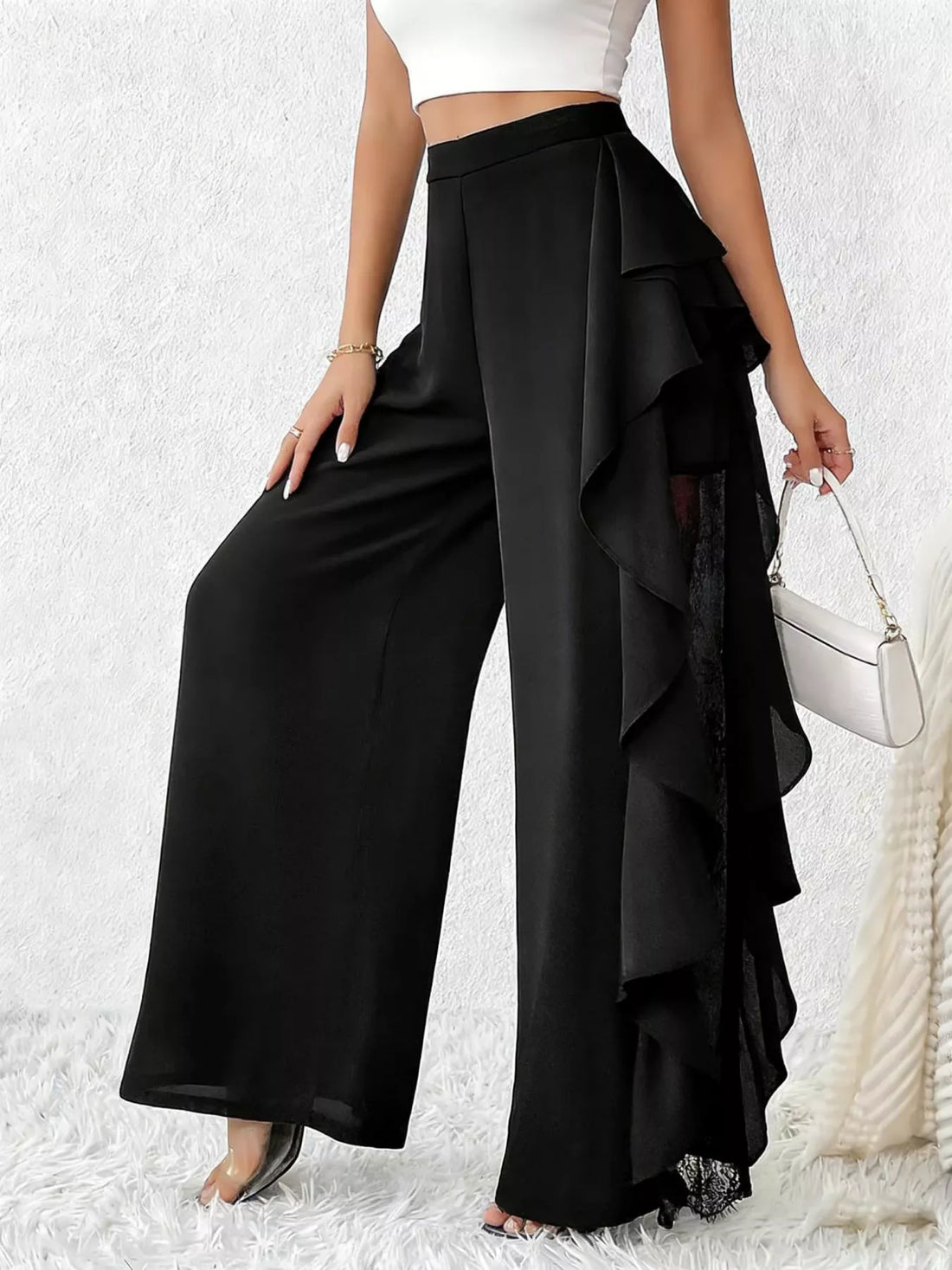 Ruffled wide leg pants, Black