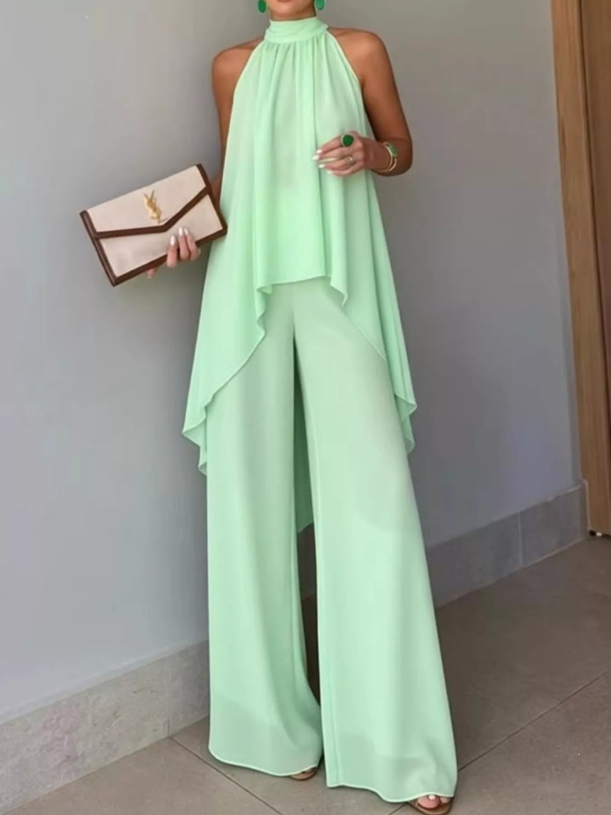 High-low sleeveless top and wide-leg pants two-piece set, Light Green