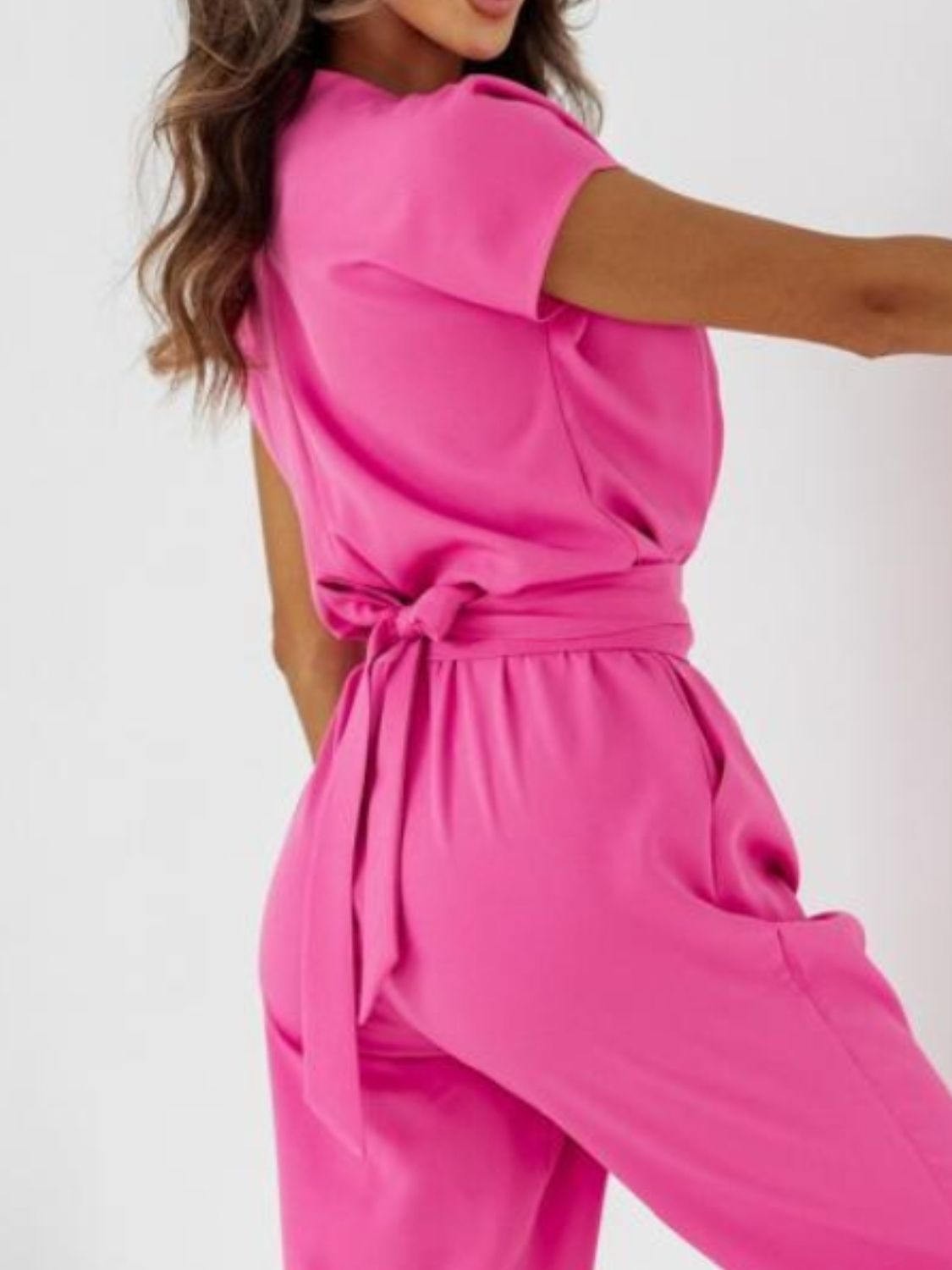Surplice cap sleeve tie waist jumpsuit
