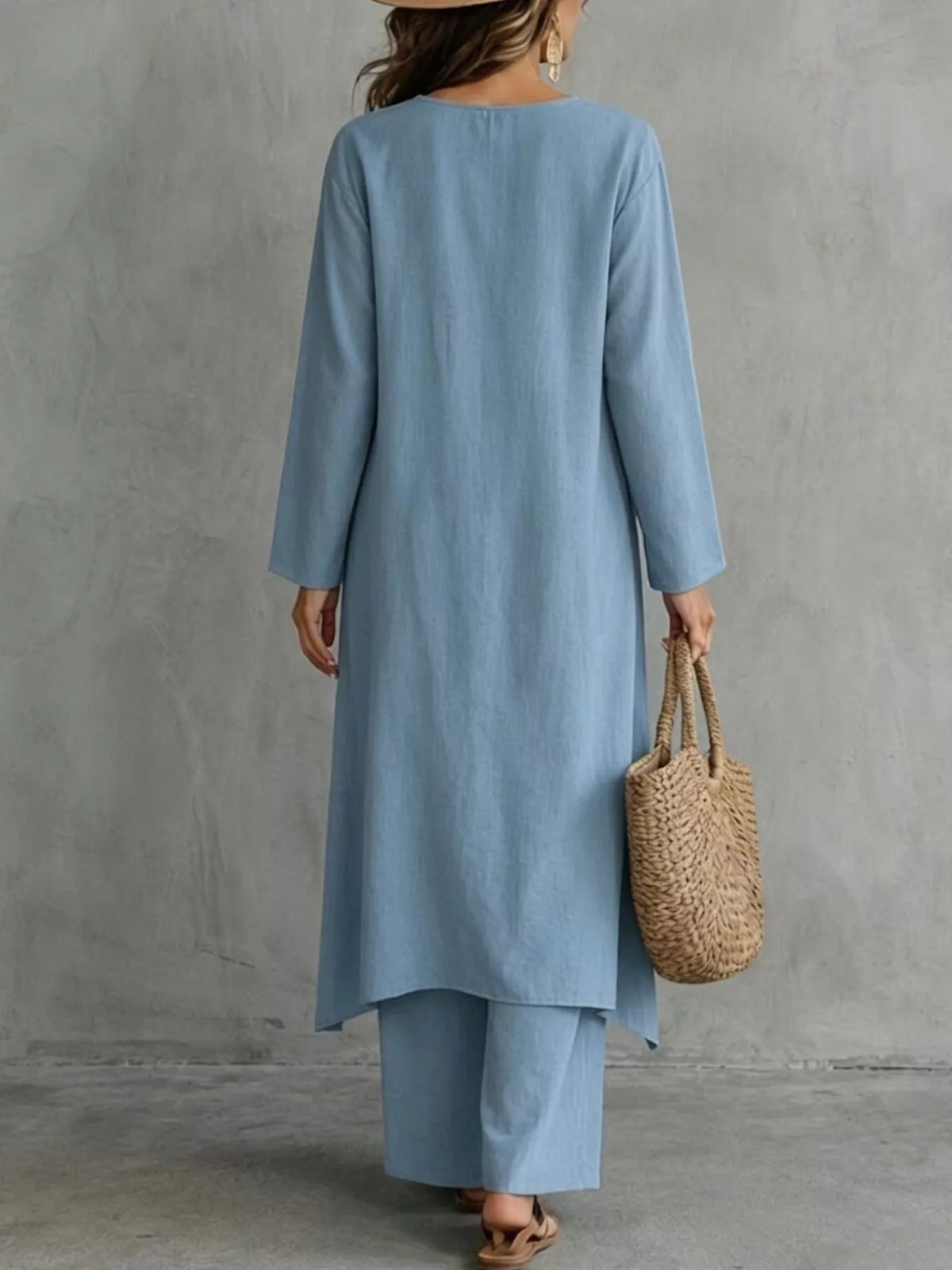 Side-buttoned longline top and pants set