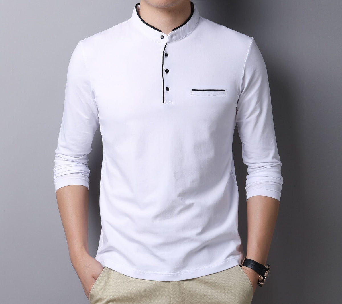 Band collar long sleeve henley, White, front