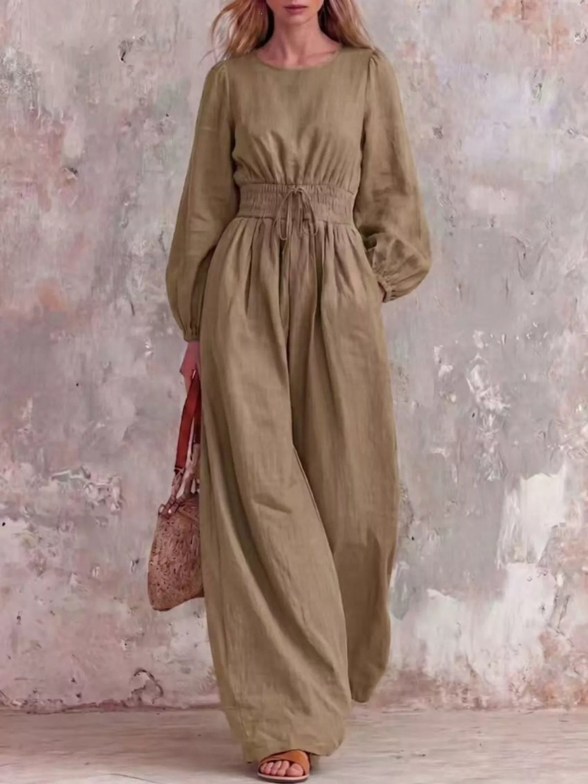 Smocked-waist long-sleeve jumpsuit – khaki color