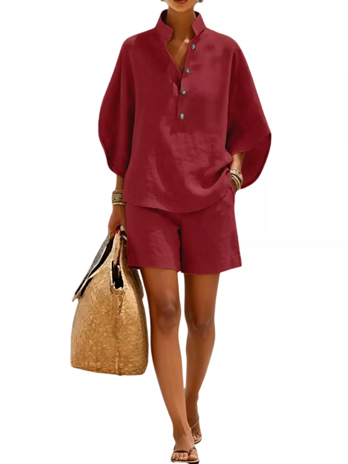 Button detail loose fit top and shorts set, Burgundy
