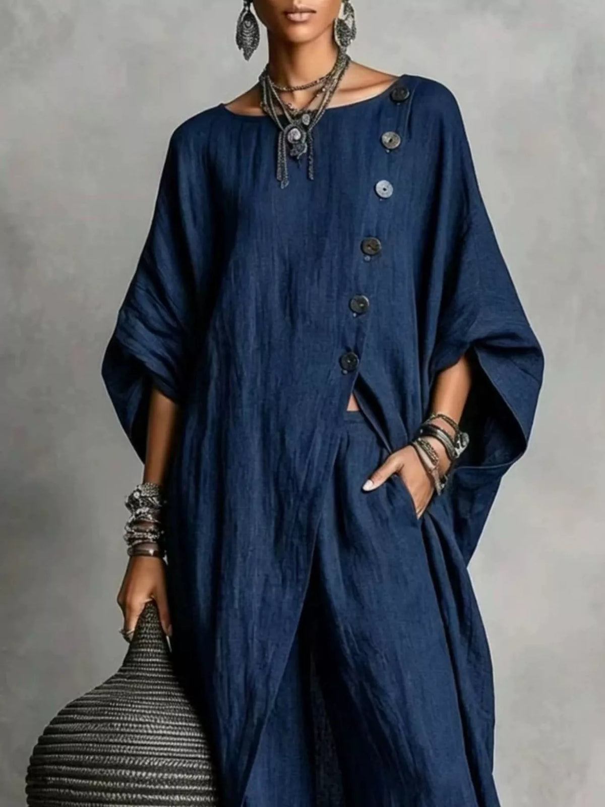 Asymmetric button-down top and wide-leg pants set