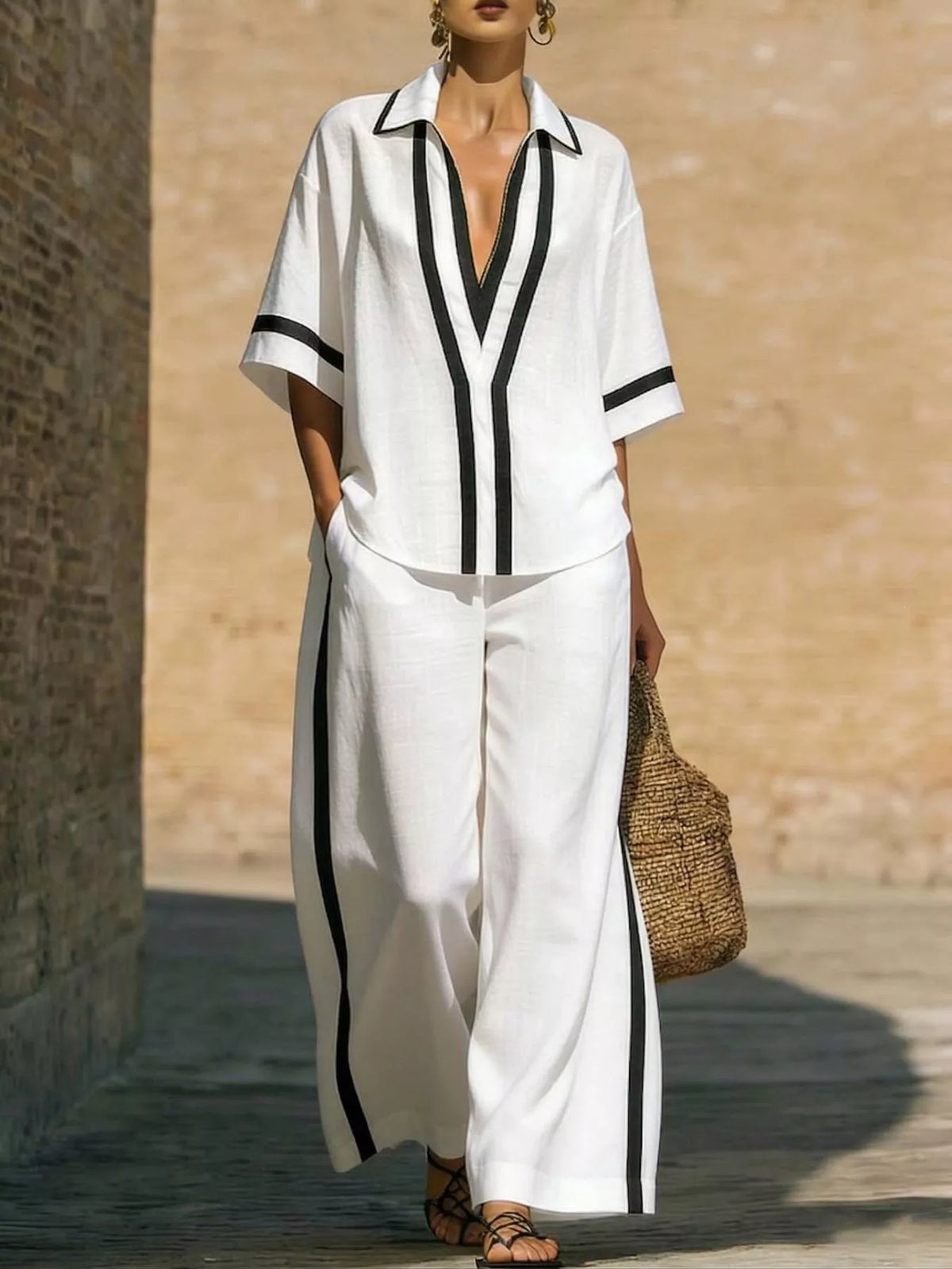 Contrast-trim top and pants set – white