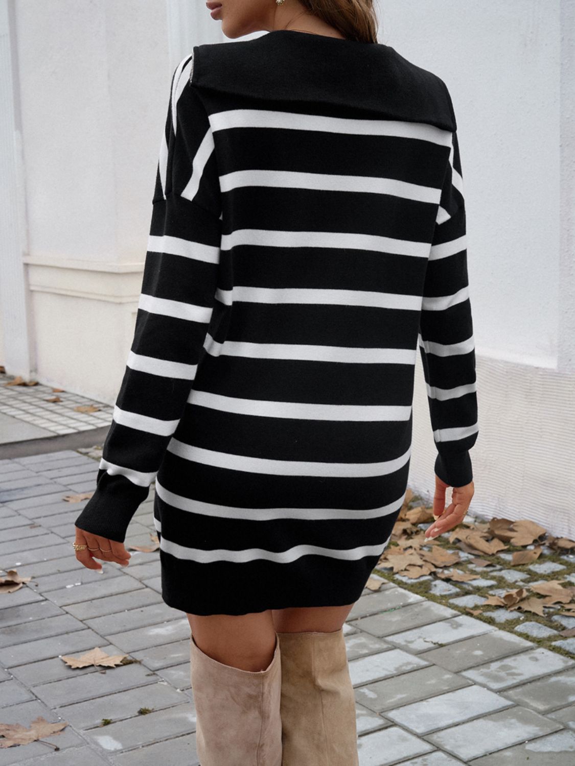 Devine Quarter Zip Striped Long Sleeve Sweater Dress