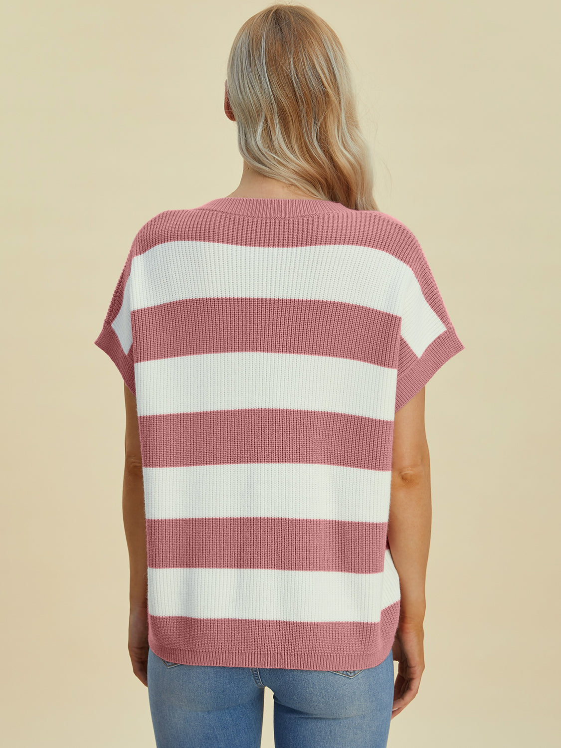 Striped V-neck short sleeve sweater
