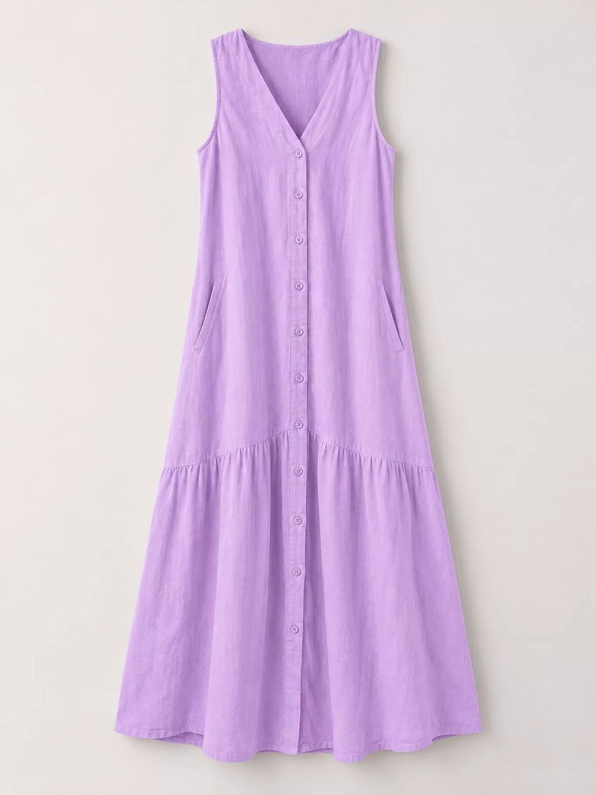 V-neck button front sleeveless midi dress