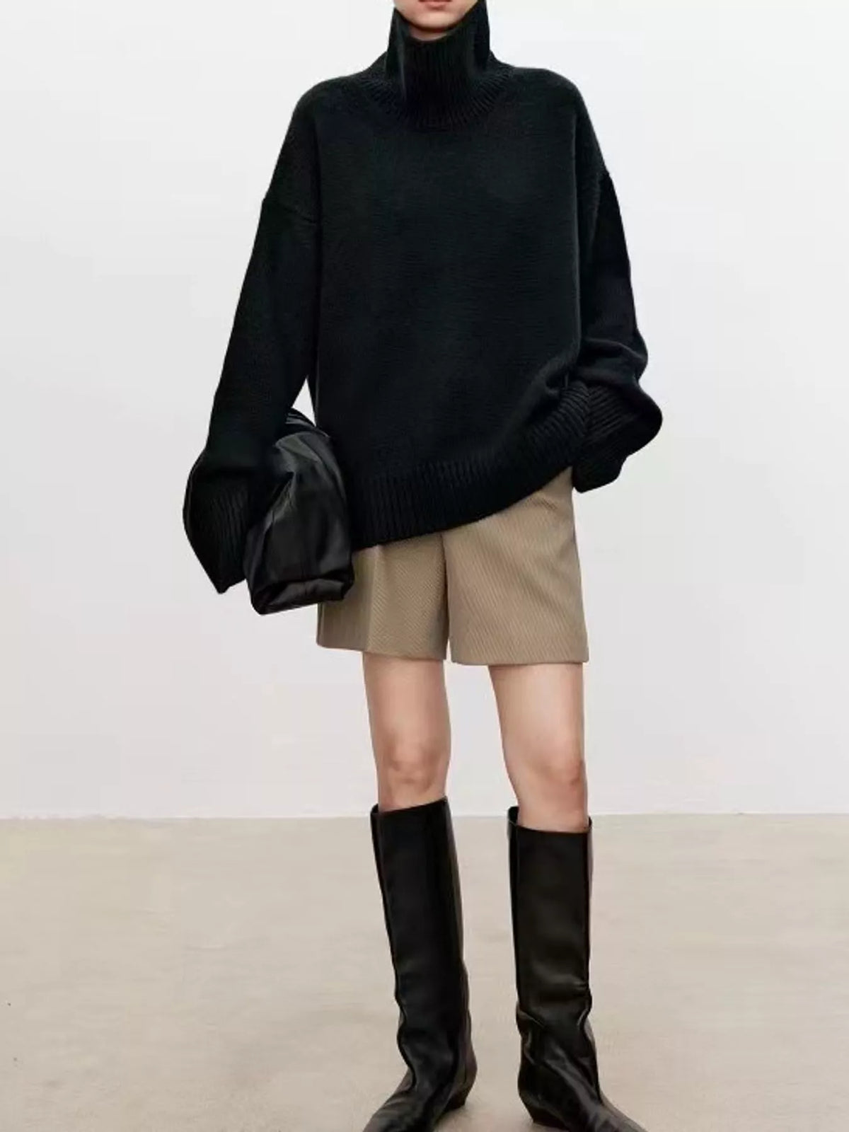Oversized Turtleneck Wool Sweater, Black