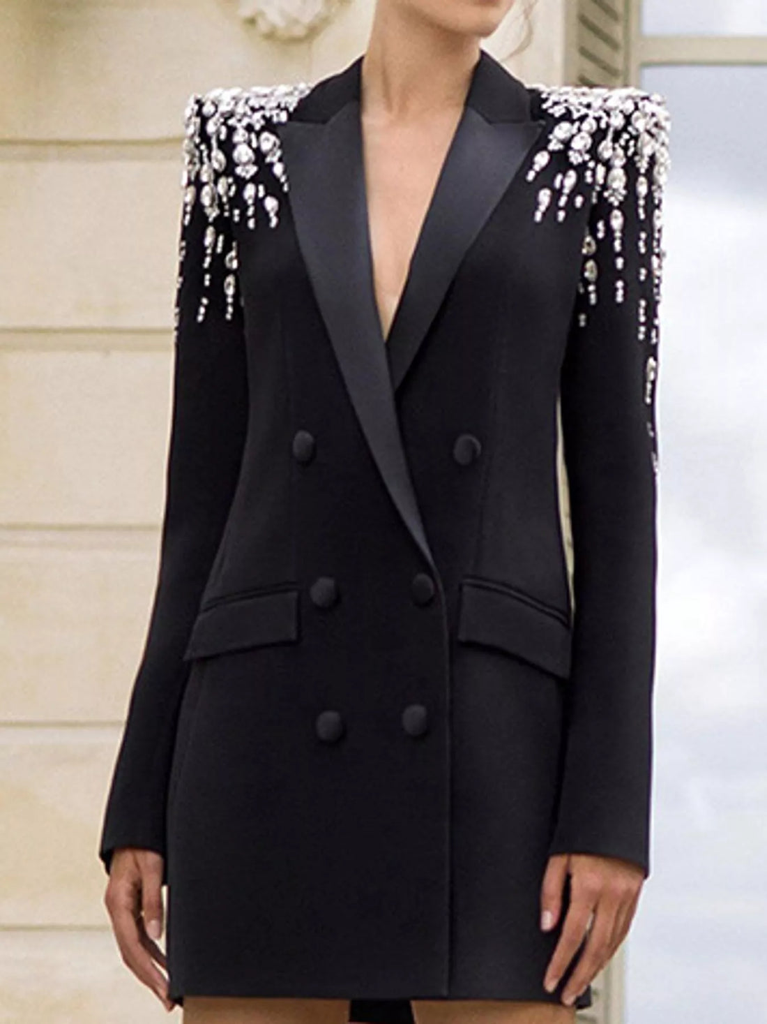 Rhinestone shoulder double-breasted blazer, Black