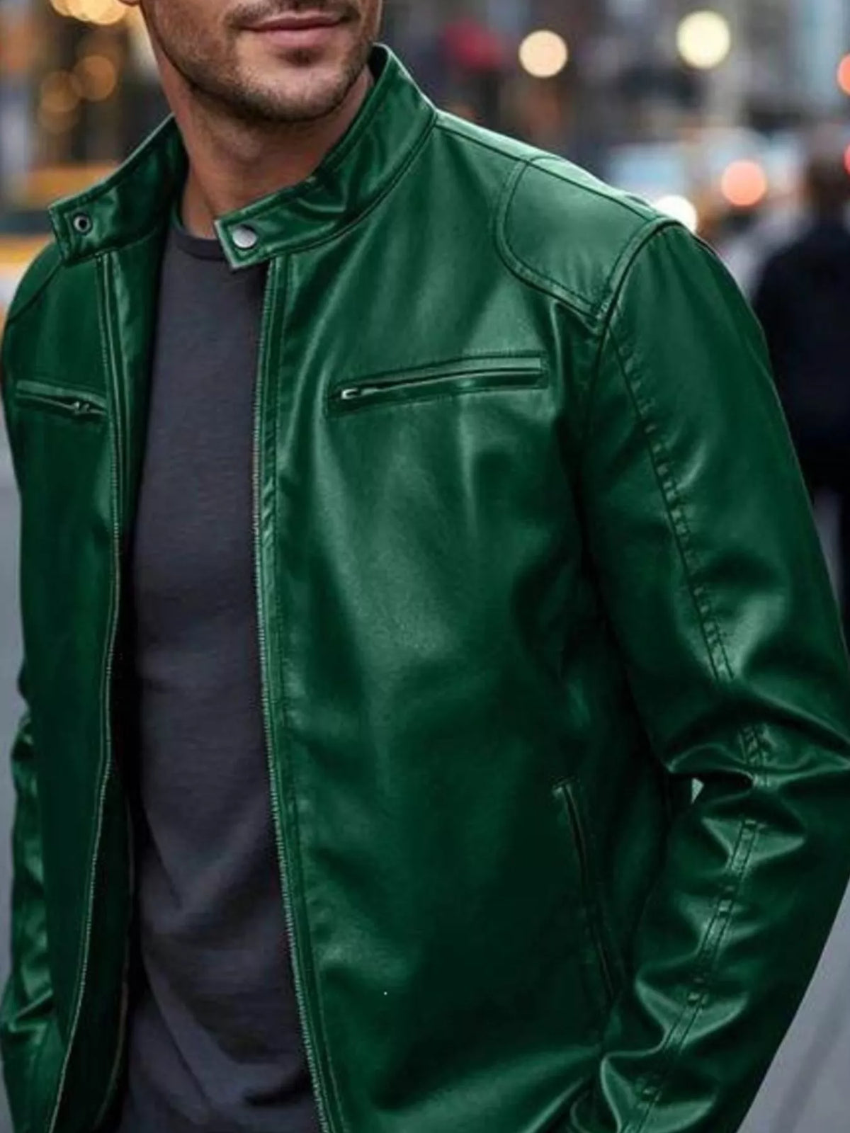 Faux leather bomber jacket with zipper pockets, Dark Green