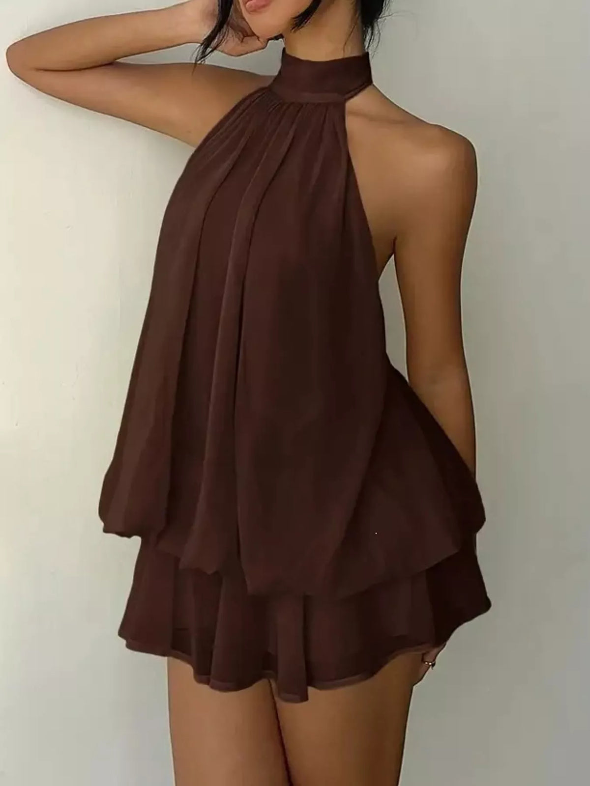 Ruched halter mini dress – brown