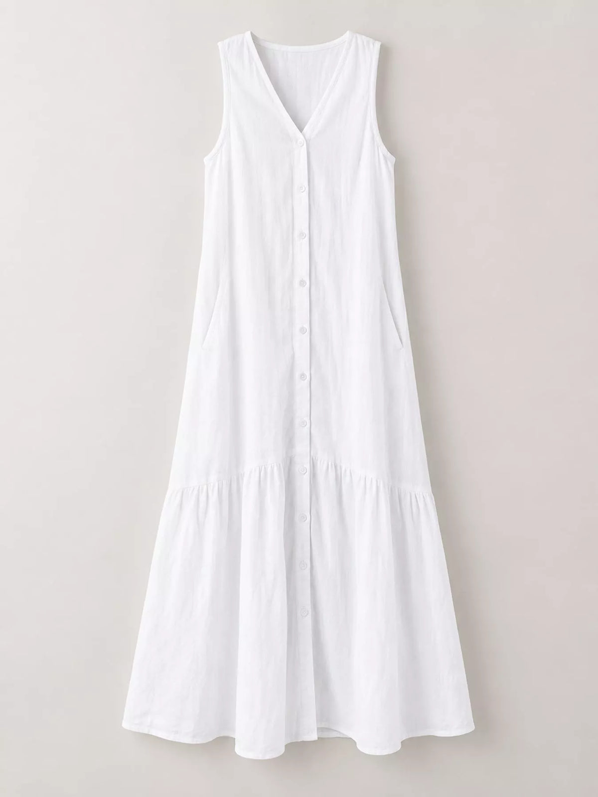 V-neck button front sleeveless midi dress